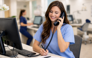 Orthodontic office phones team member answering a call and taking notes at the front desk workstation.